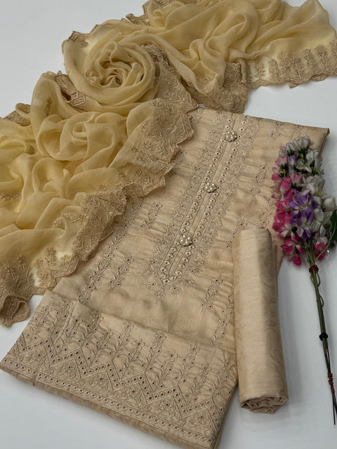 Shiffile Boring Chikankari Embroidery 🧵 Self Jacquard Viscous Silk 3 Pc
