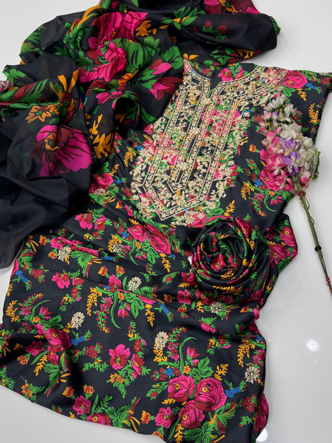 💕 Digital Printed Shamooz Silk Embroidered Galla 3 PC Dress 👗