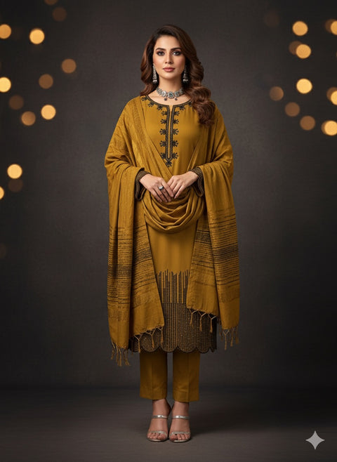 Beautiful Kashmiri Embroidery &  Sequence Work Soft Dhanak 3 PC Dress 👗