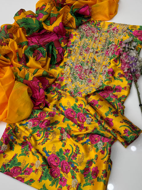 💕 Digital Printed Shamooz Silk Embroidered Galla 3 PC Dress 👗