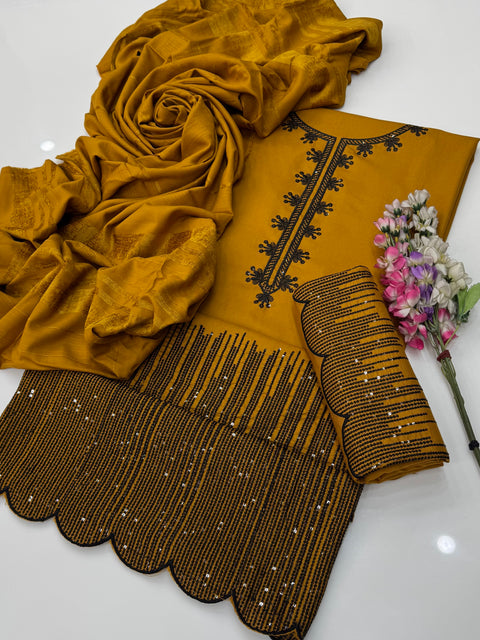 Beautiful Kashmiri Embroidery &  Sequence Work Soft Dhanak 3 PC Dress 👗