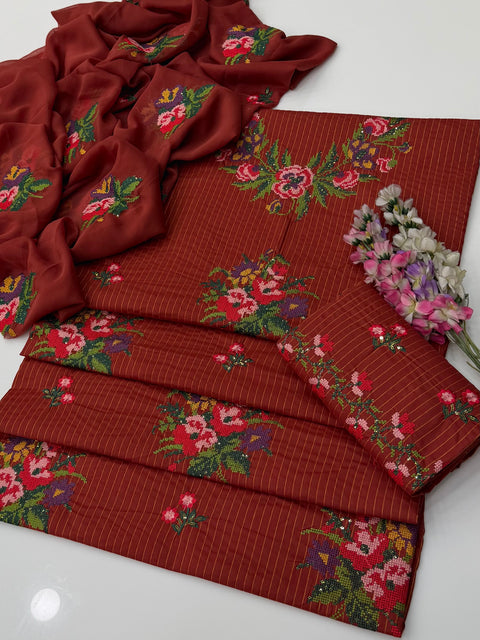 💕 Beautiful Handmade Style Cross Stitch Embroidery 🧵 & Sequence Work Lawn 3 Pc Dress 👗