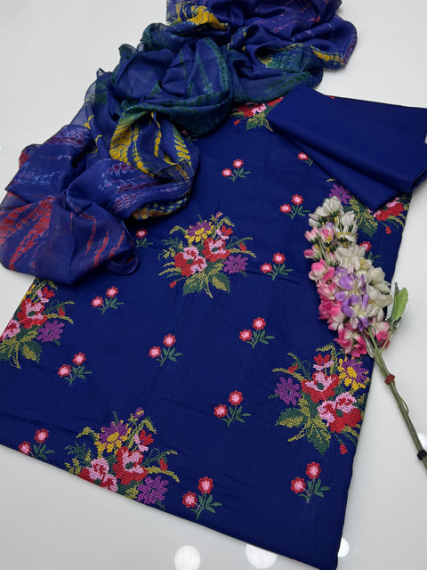 Tradional Cross Stitch Embroidery Lawn With Tye n Dye Duppata 3 Pc 👗