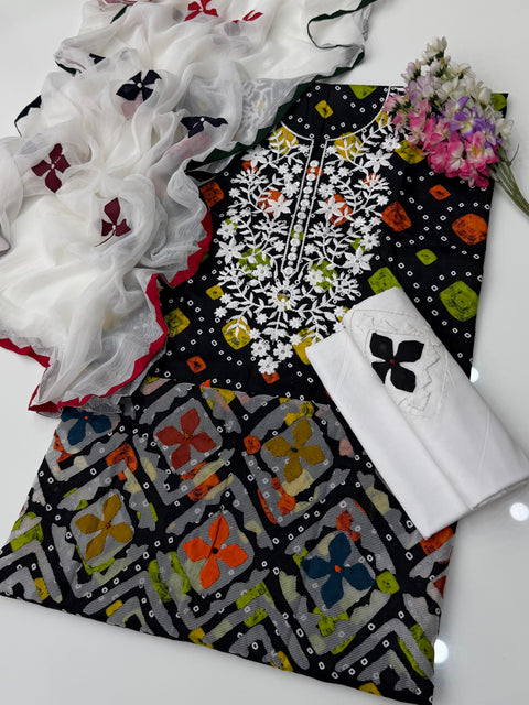 🔥Beautiful Handmade Applique Rally Work 🧵 Chunri Print Lawn 3 PC Dress 👗