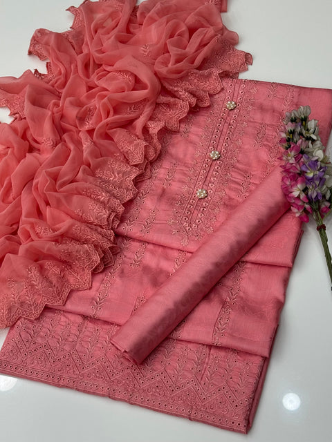Shiffile Boring Chikankari Embroidery 🧵 Self Jacquard Viscous Silk 3 Pc