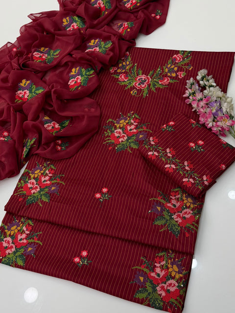 💕 Beautiful Handmade Style Cross Stitch Embroidery 🧵 & Sequence Work Lawn 3 Pc Dress 👗