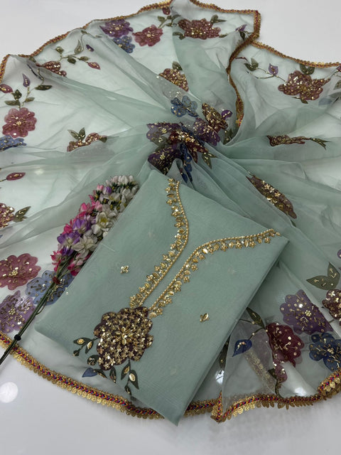 Handwork Stones And Beads Work Oil Painted 🎨 Organza 2 Pc Dress 👗