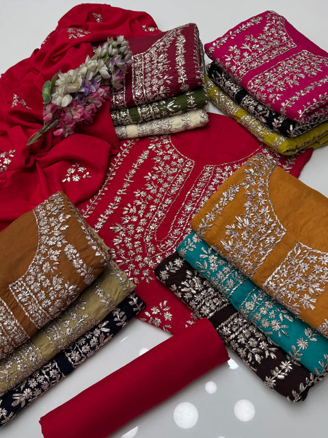 Handmade LCD Goota Kinari Embroidery 🧵 Linen 3 Pc Dress 👗