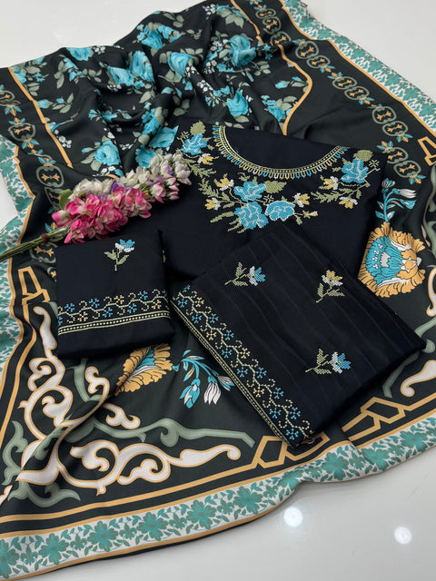 Handmade Cross Stitch Tanka Embroidery 🧵Dhanak Printed Pashmina Shawl 3 PC Dress 👗