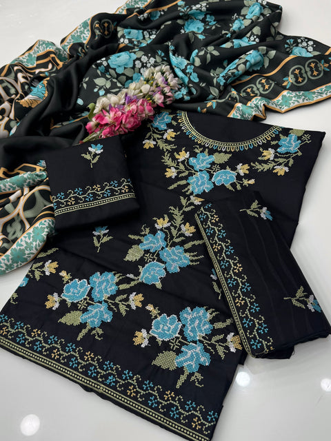 Handmade Cross Stitch Tanka Embroidery 🧵Dhanak Printed Pashmina Shawl 3 PC Dress 👗