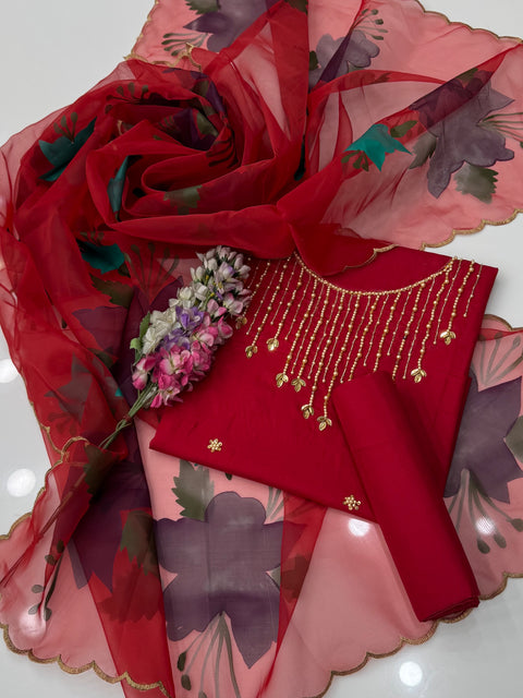💕 Beautiful Handwork Stones And Beads Work Pure Lawn Painted Duppata 3 Pc 👗