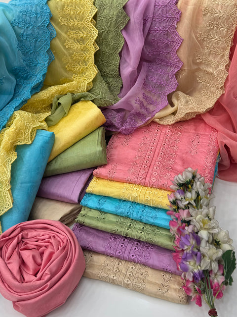 Shiffile Boring Chikankari Embroidery 🧵 Self Jacquard Viscous Silk 3 Pc
