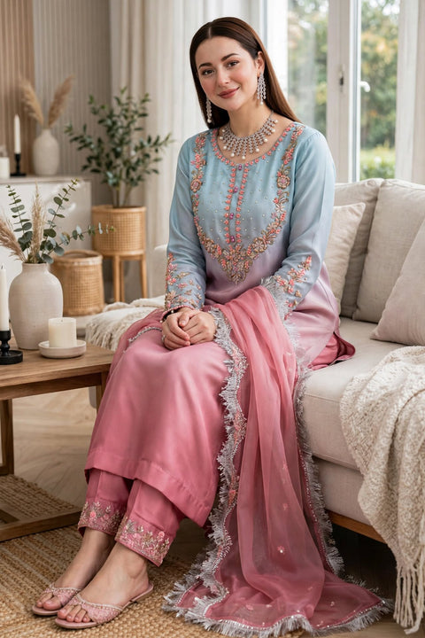 💕 #TRENDING #HANDWORK OMBRE PRINT SILK 3 PC 💕