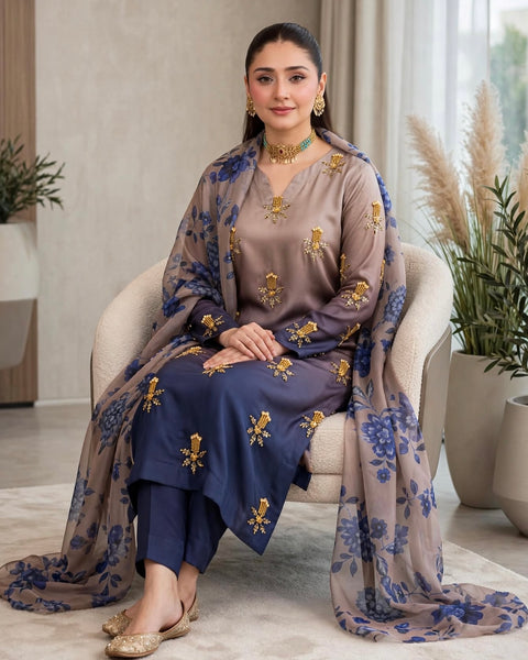 💕 #MOST #VIRAL OMBRE BEADS WORK SILK 3 PC Dress 👗