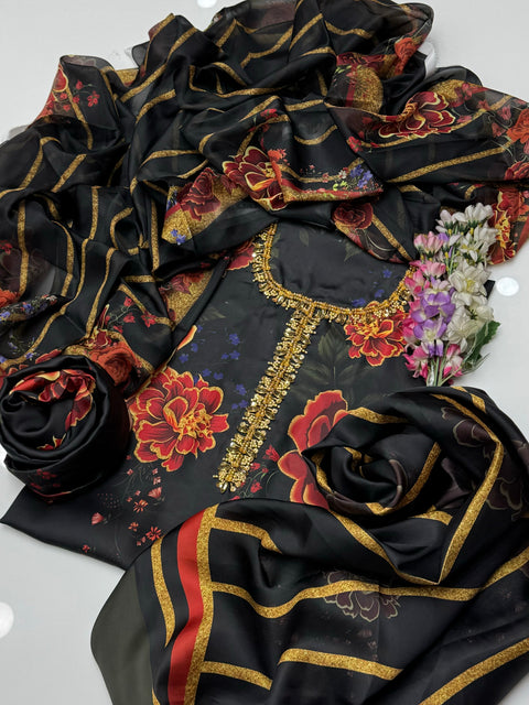 Handwork Embroidery Neck Digital Printed Shamooz Silk 3 PC Dress 👗