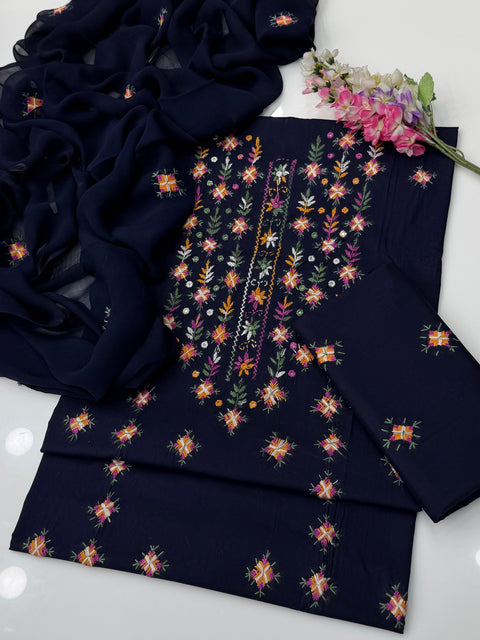💕 Handmade Traditional Multi Pakka Tanka Thread Embroidery 🧵 Pure Lawn 3 Pc Dress 👗