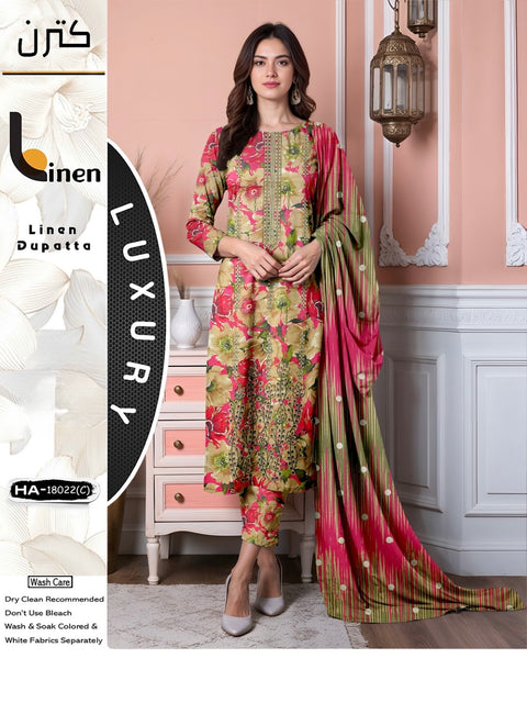 Shiffile Chikankari Embroidery Digital Printed Linen 3 PC Dress 👗