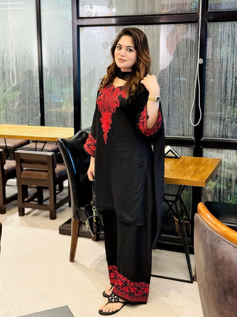 Beautiful & Elegant Boutique Style Embroidery Self Jacquard Dhanak  Pc Dress 👗