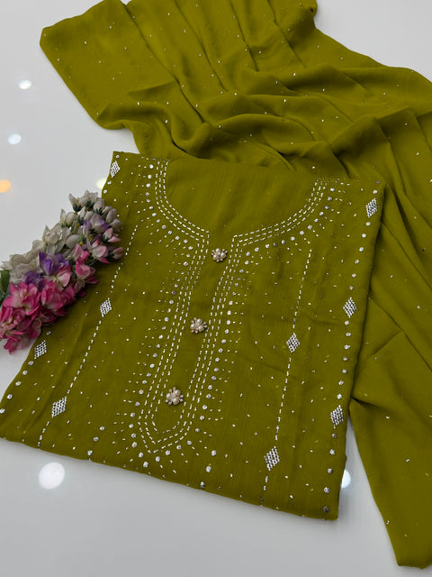 🔥 Beautiful Mukesh Kamdani Work Soft Bamber Chiffion 2 Pc Dress 👗