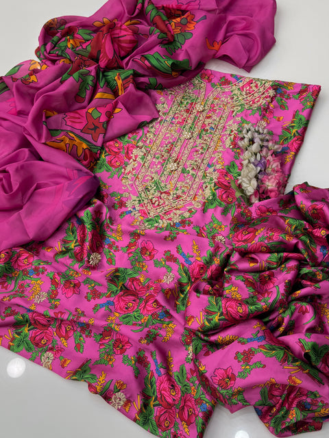 💕 Digital Printed Shamooz Silk Embroidered Galla 3 PC Dress 👗