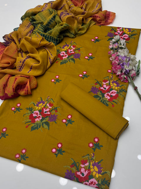 Tradional Cross Stitch Embroidery Lawn With Tye n Dye Duppata 3 Pc 👗