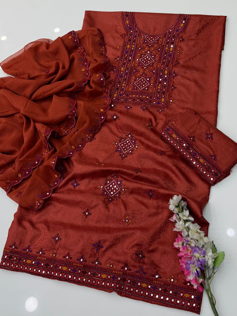 Balouchi Style Embroidery 🧵 With Paani Sheesha Work Viscose Linen 3 PC Dress 👗
