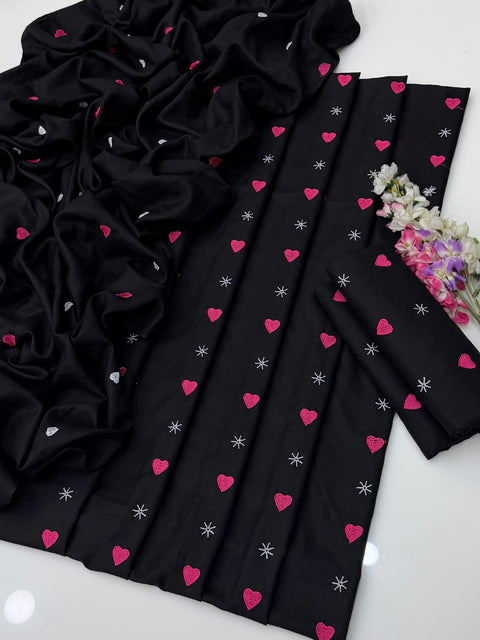🖤 Heart Embroidery Overall Front Back Embroidered Dhanak 3 PC 🖤