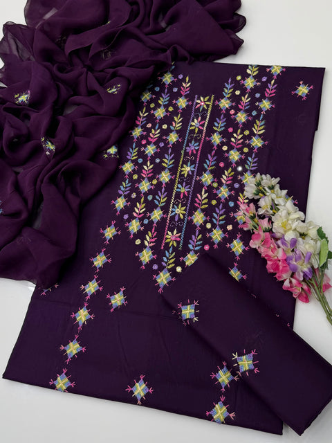 💕 Handmade Traditional Multi Pakka Tanka Thread Embroidery 🧵 Pure Lawn 3 Pc Dress 👗