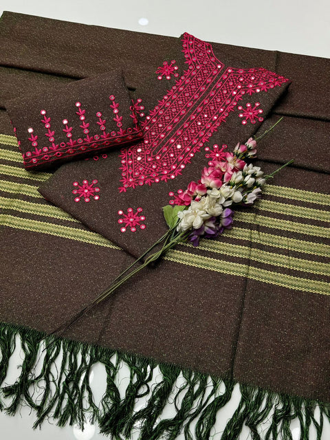 Plastic Paani Sheesha Work Embroidery Khaddar Karandi 3 Pc