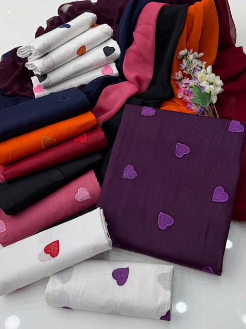 🖤 MOST VIRAL HEART EMBROIDERY 🧵 LAWN 3 PC 🖤