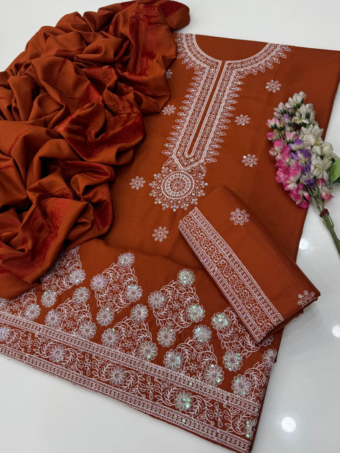 Beautiful Kashmiri Embroidery &  Sequence Work Soft Dhanak 3 PC Dress 👗