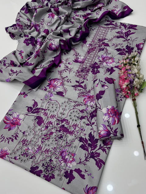 Shiffile Chikankari Embroidery Digital Printed Linen 3 PC Dress 👗