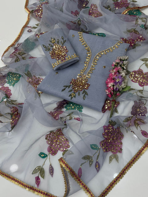 Handwork Stones And Beads Work Oil Painted 🎨 Organza 2 Pc Dress 👗