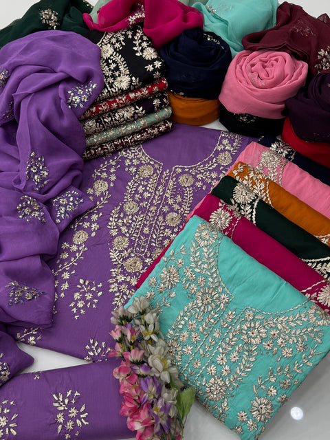 Handmade LCD Goota Kinari Embroidery 🧵 Pure Lawn 3 Pc 👗