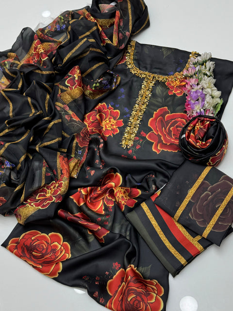 Handwork Embroidery Neck Digital Printed Shamooz Silk 3 PC Dress 👗