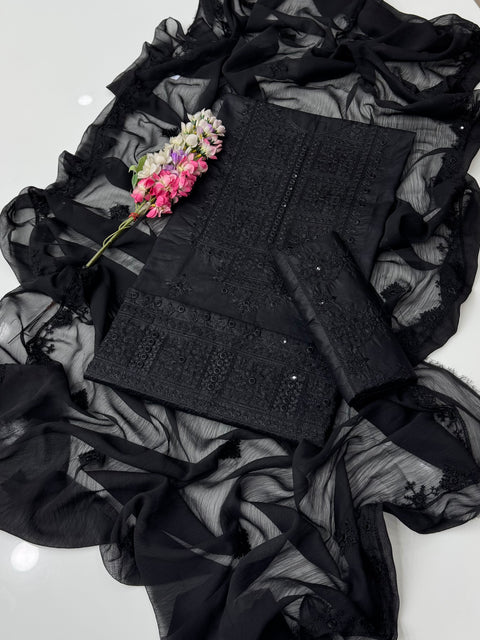 🖤 Black Beauty Chikankari Thread Embroidery 🧵 Lawn 3 Pc Dress 👗
