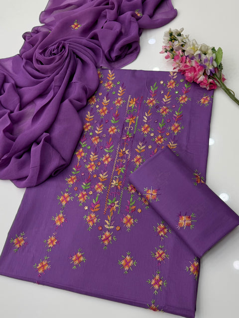 💕 Handmade Traditional Multi Pakka Tanka Thread Embroidery 🧵 Pure Lawn 3 Pc Dress 👗