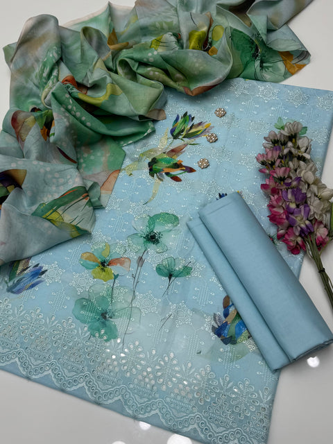 Boring Chikankari Embroidery 🧵 Daman Digital Printed Pure Lawn 3 Pc Dress 👗