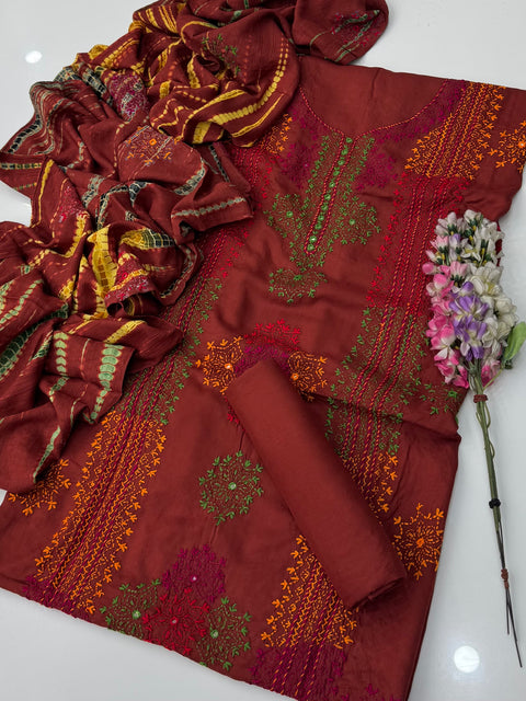 Handcrafted Beautiful Afghani Pasham Embroidery With Sheesha Work Linen 3 Pc Dress 👗