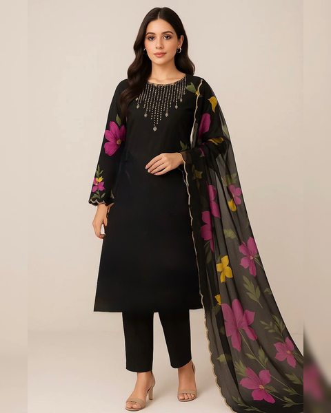 💕 Beautiful Handwork Stones And Beads Work Pure Lawn Painted Duppata 3 Pc 👗