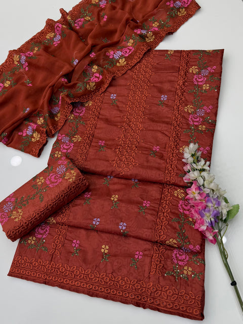 💕 Chikankari & Cross Stitch Sequence Embroidery 🧵 Viscose 3 PC Dress 🔥