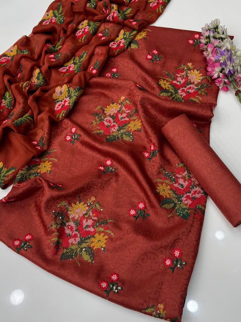 Unique Handmade Style Cross Stitch And Sequence Embroidery 3 Pc Dress 👗