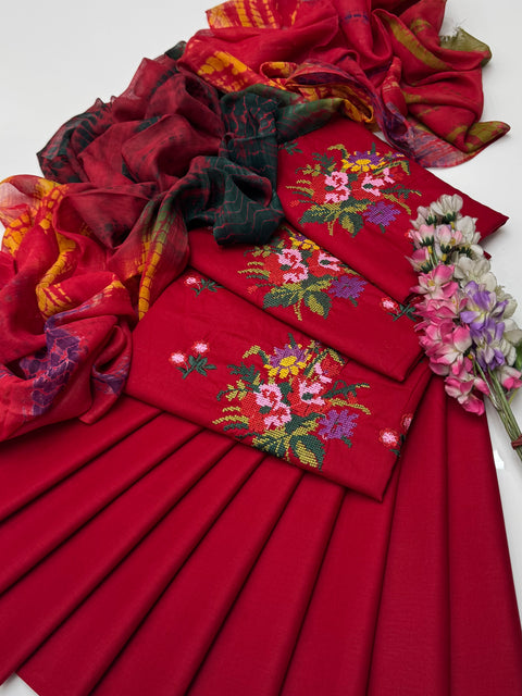 Tradional Cross Stitch Embroidery Lawn With Tye n Dye Duppata 3 Pc 👗