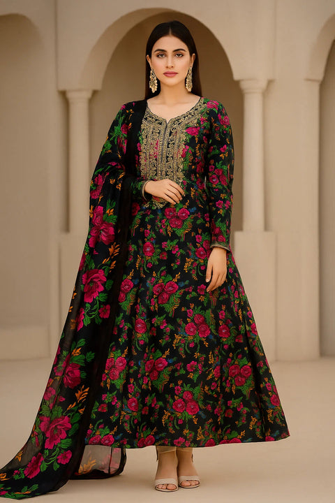 💕 Digital Printed Shamooz Silk Embroidered Galla 3 PC Dress 👗