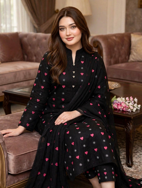🖤 Heart Embroidery Overall Front Back Embroidered Dhanak 3 PC 🖤