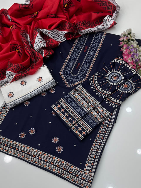 Branded Hit Codes Beautiful Boutique Style Embroidered Soft Dhanak 3 PC Dress 👗