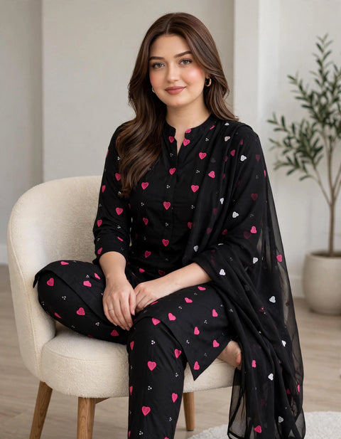 🖤 Heart Embroidered With Sequence Work Lawn 3 PC 👗
