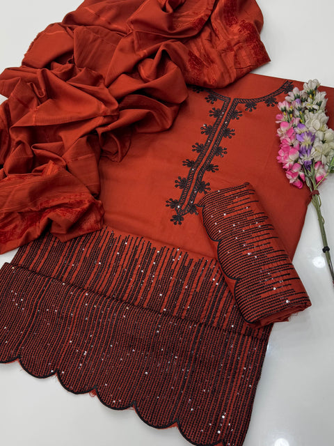 Beautiful Kashmiri Embroidery &  Sequence Work Soft Dhanak 3 PC Dress 👗