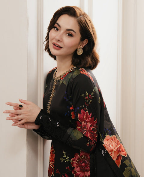 Handwork Embroidery Neck Digital Printed Shamooz Silk 3 PC Dress 👗