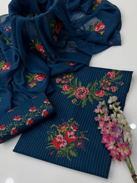 💕 Beautiful Handmade Style Cross Stitch Embroidery 🧵 & Sequence Work Lawn 3 Pc Dress 👗